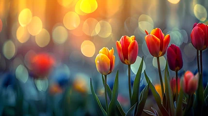 Gordijnen Beautiful colorful tulips in bloom with bokeh on nature background : Generative AI © Generative AI