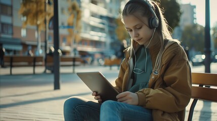 Beautiful fashion girl learning on line with a tablet and headphones sitting on a bench in the street : Generative AI