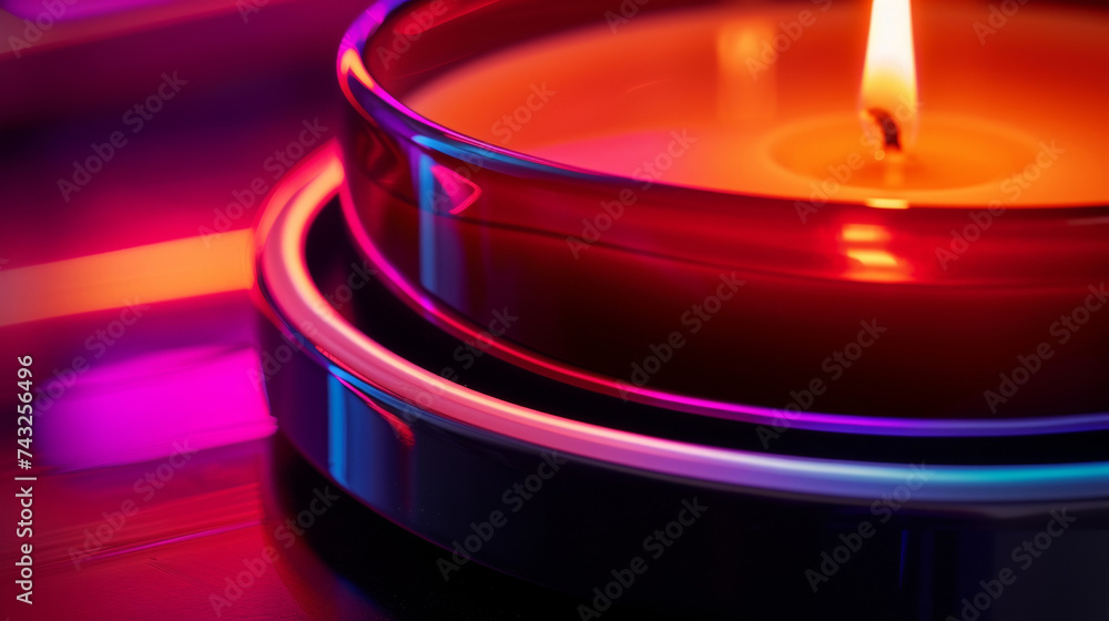 Poster the warm and inviting glow of a candle flame reflecting off the polished surface of a sleek black ca