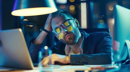 Exhausted tired businessman with painted eyes on stickers adhesive notes on face sleeping at workplace sitting at desk with laptop unproductive lazy young male dozing working on diffic : Generative AI - obrazy, fototapety, plakaty