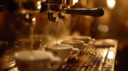 Espresso machine pouring fresh coffee into cups at restaurant Coffee automatic machine making coffee : Generative AI