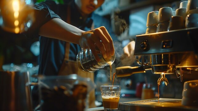 Barista making cappuccino bartender preparing coffee drink : Generative AI