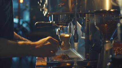 barista pouring coffee powder from a coffee grinder to a dripper to make fresh coffee in the caf : Generative AI