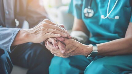 Close up caring nurse holding smiling mature patient hand at meeting in hospital doctor caregiver wearing uniform comforting and supporting senior man good news about treatment empathy : Generative AI - obrazy, fototapety, plakaty