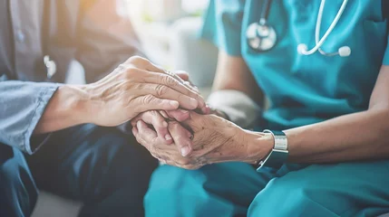 Fotobehang Close up caring nurse holding smiling mature patient hand at meeting in hospital doctor caregiver wearing uniform comforting and supporting senior man good news about treatment empathy : Generative AI © Generative AI