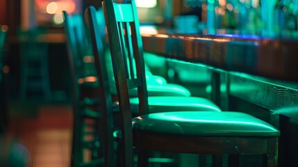 Chairs in row in bar with green lights : Generative AI