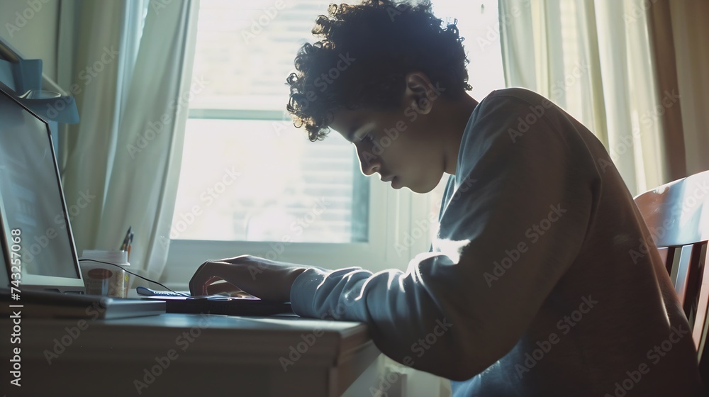 Poster Beautiful student learning doing homework on line with a laptop in a desk at home with a window in the background : Generative AI