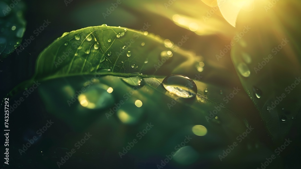 Leinwandbilder an amazingly beautiful macro image of water or dew drops on a green leaf of a plant with sunlight re