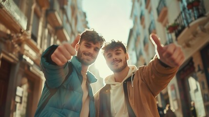 Front view portrait of two funny friends with thumbs up and looking to the camera in the street : Generative AI