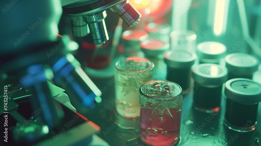 Poster examination of sample with germs and bacteria under microscope in laboratory : generative ai