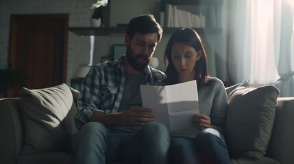 Worried couple reading a letter sitting on a couch in the living room at home : Generative AI - obrazy, fototapety, plakaty