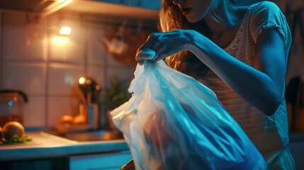Woman taking garbage bag out of bin at home closeup : Generative AI