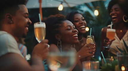 Multiracial group of friends having fun at backyard home party Young people laughing together drinking cocktails at bar restaurant Focus on black woman : Generative AI