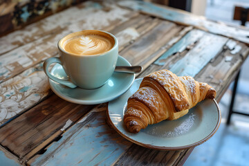 composition of good morning and breakfast fresh croissant and cup of coffee latte - obrazy, fototapety, plakaty