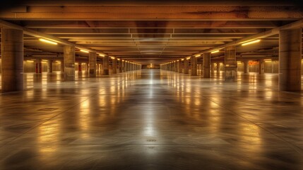 Obraz premium Wide-angle view of an empty underground parking garage illuminated by overhead lights