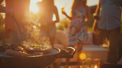 Group of friends having party outdoors Focus on barbecue grill with food Space for text : Generative AI