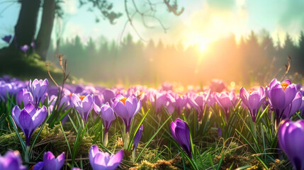 View of growing and blooming crocus flowers with lush green grass background at early spring...