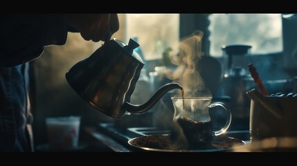 Men barista making a drip coffee pouring hot water from kettle over a ground coffee powder : Generative AI - obrazy, fototapety, plakaty