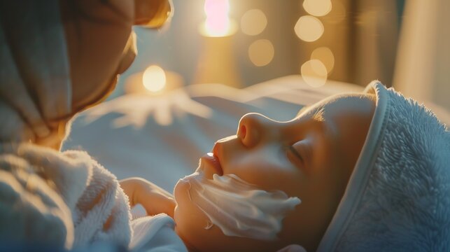 Mother applying moisturizing cream onto her little babys skin on bed closeup : Generative AI
