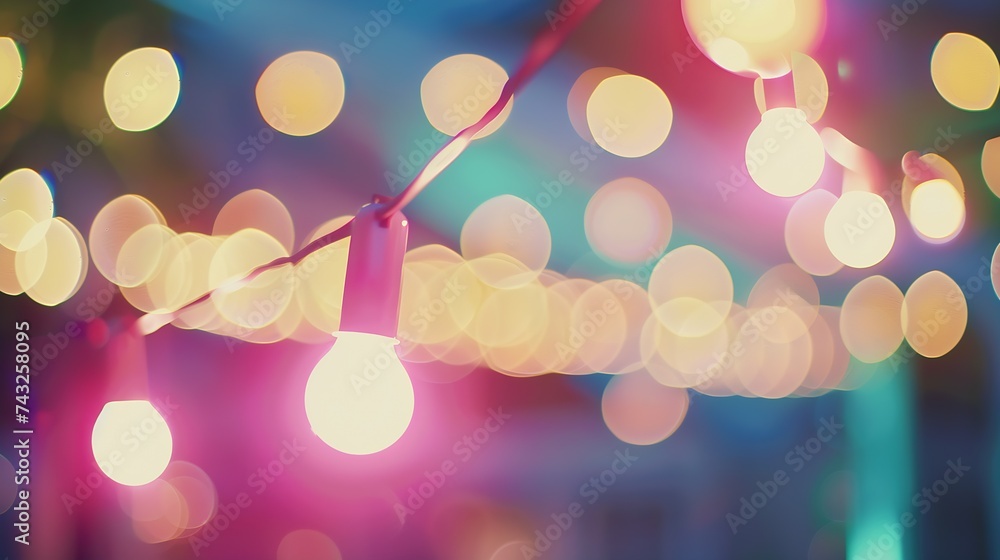Poster Vintage tone abstract blur image of Outdoor party in night time with light bokeh for background usage : Generative AI