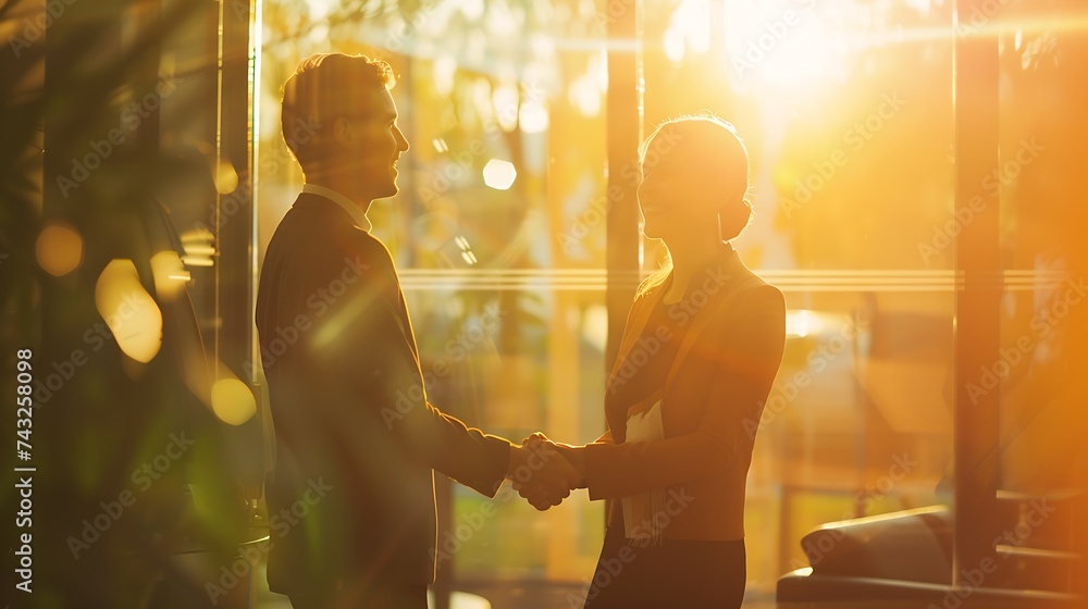 Poster happy businesswoman handshaking with client closing deal in an office interior with a window in the 