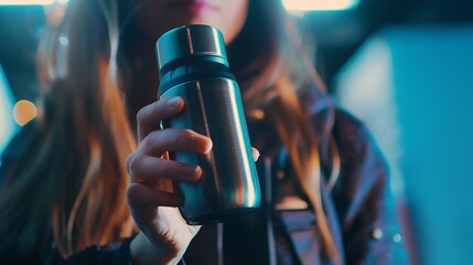Woman holding thermos bottle at workplace closeup : Generative AI - obrazy, fototapety, plakaty