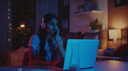 Attractive indian woman sit at homeoffice room wearing headset take part in educational webinar using laptop Video call event with clients or personal chat with friend remotely concept : Generative AI