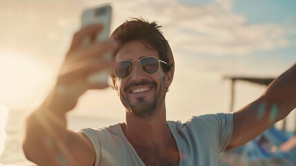 Handsome man taking a selfie on vacation : Generative AI