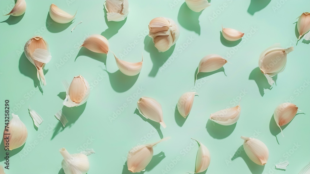 Poster Set composition with heads halves and slices of garlic Creative layout on light green background closeup macro top view : Generative AI