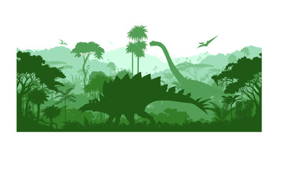 Vector prehistoric seamless jungle background with dinosaurs: stegosaurus, brontosaurus and pterodactyl