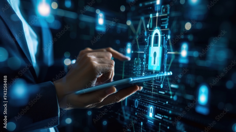 Poster internet security. users use laptop login with biometric identification, cyber technology and networ