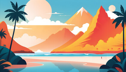 Fototapeta na wymiar Vector illustration of a painting depicting a beach with mountains in the distance, Generative Ai 