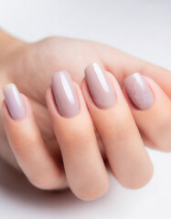 Closeup to woman hands with elegant neutral colors manicure. Beautiful nude manicure on long nails....