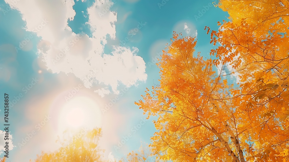 Poster beautiful bright autumn nature landscape wide format with golden yellow and and orange trees glows i