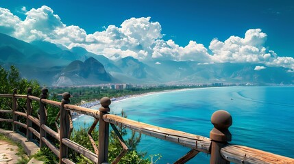 Fototapeta premium Beautiful morning view from observation deck on coast Turkish city Antalya Idyllic composition of wooden fence turquoise sea beach greenery parks mountains with white clouds and bright : Generative AI