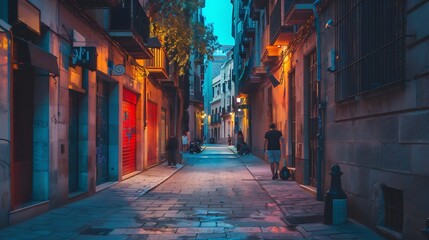 Pedestrian street of European city at night Sant Adria de Besos Barcelona : Generative AI - obrazy, fototapety, plakaty