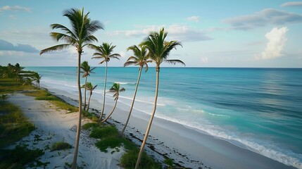 Obraz premium Aerial View of palm trees along the shoreline on the beach Berry Islands the Bahamas : Generative AI