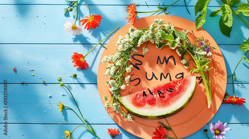 Poster a slice of watermelon on an orange cutting board with an inscription summer and a wreath of wildflow