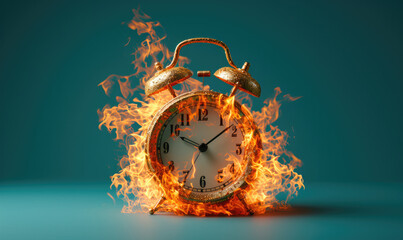 Time in Flames: Alarm Clock Engulfed in Fire, Symbolizing the Pressing Urgency and Stress of Time...