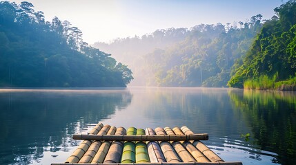 Bamboo raft on Pang Ung reservoir lake Pang ung Thailand : Generative AI - obrazy, fototapety, plakaty