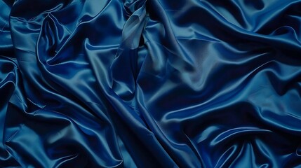 Fototapeta premium Dark blue silk satin Soft folds Fabric Navy blue luxury background Space for designWavy lines Banner Flat lay top view table Beautiful Elegant Birthday Christmas Valentines Day : Generative AI