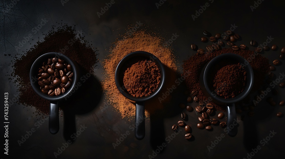 Aufkleber coffee in its various forms from raw beans to ground coffee and cappuccino in three portafilters : g