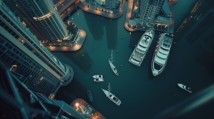 Aerial view of Dubai Marina with moored boats and skyscrapers UAE : Generative AI - obrazy, fototapety, plakaty