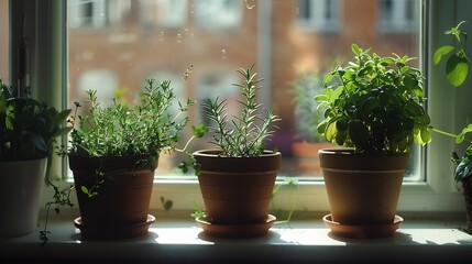 Fototapeta na wymiar Different aromatic potted herbs on windowsill indoors : Generative AI
