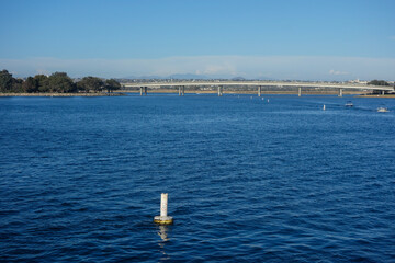 Bridge across Mission Bay leading to Vacation Island Park recreation areas, San Diego, California