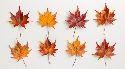 Fototapeta premium A set for creativity of ten natural maple leaves of the autumn period in yellow orange red burgundy green colors on a white background : Generative AI