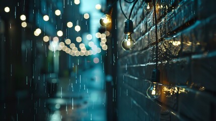 Light bulbs garland in rain city street : Generative AI