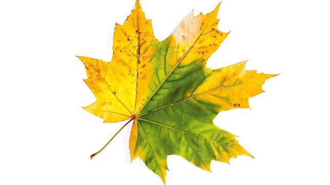 The image of an autumn theme natural maple leaf in yellow orange green tones on a white background : Generative AI