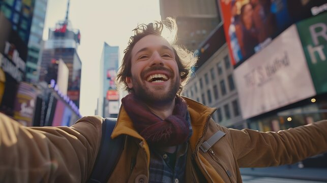 Happy tourist caucasian man having fun taking a selfie at New York city : Generative AI