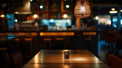 empty table on dark background with blurred lamps cafe restaurant bokeh for your product or customization : Generative AI